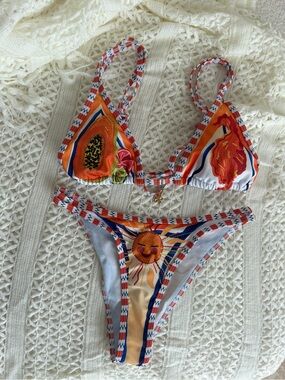 SHEIN Orange Multicolor Embroidered Triangle Bikini Set